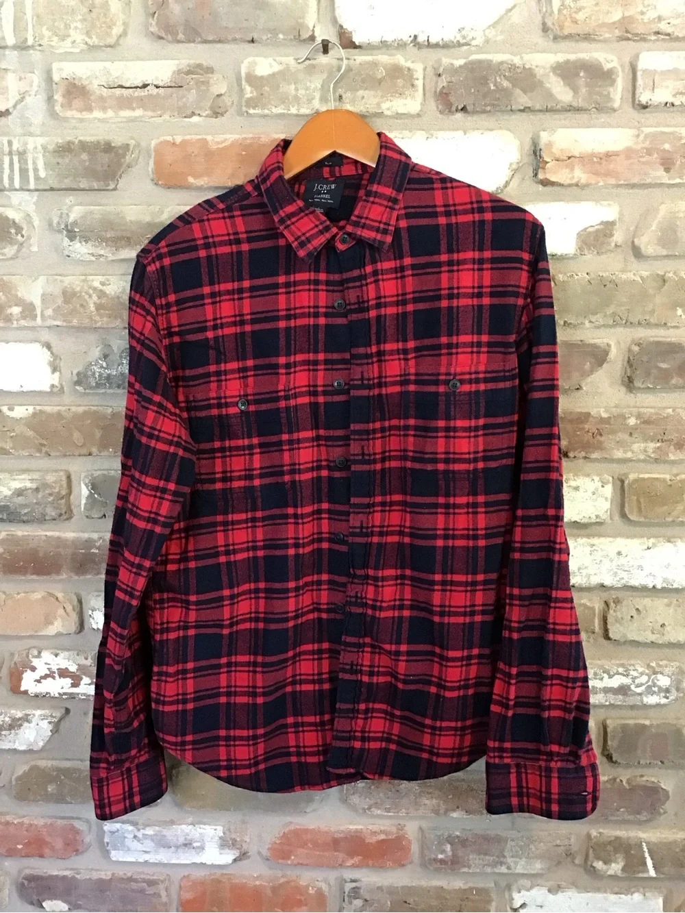 J. Crew Red and Navy Plaid Cotton Slim Fit Flannel Button-Down Shirt L